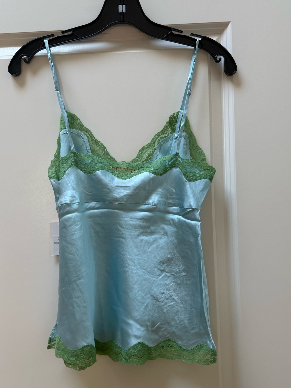 Gold Hawk 100% Silk Camisole Dream Blue with Green Lace & Pink Floral Embroidery - Picture 3 of 6